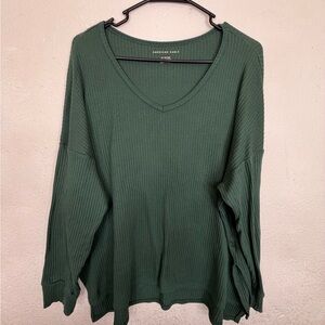 American Eagle Forest Green Ribbed V-Neck Oversized Top - XL